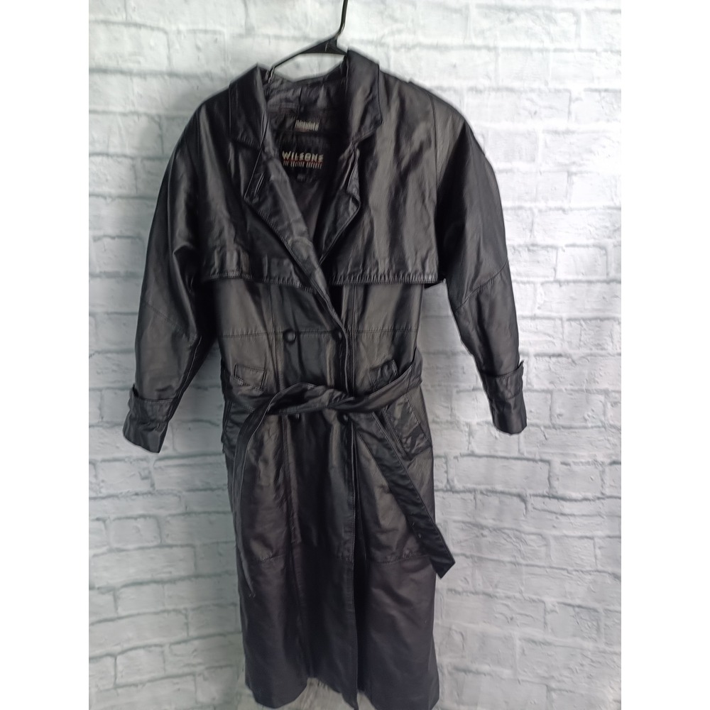 Wilsons Leather Trench Coat Womens PS Petite Small Black Thinsulate Lined Belted